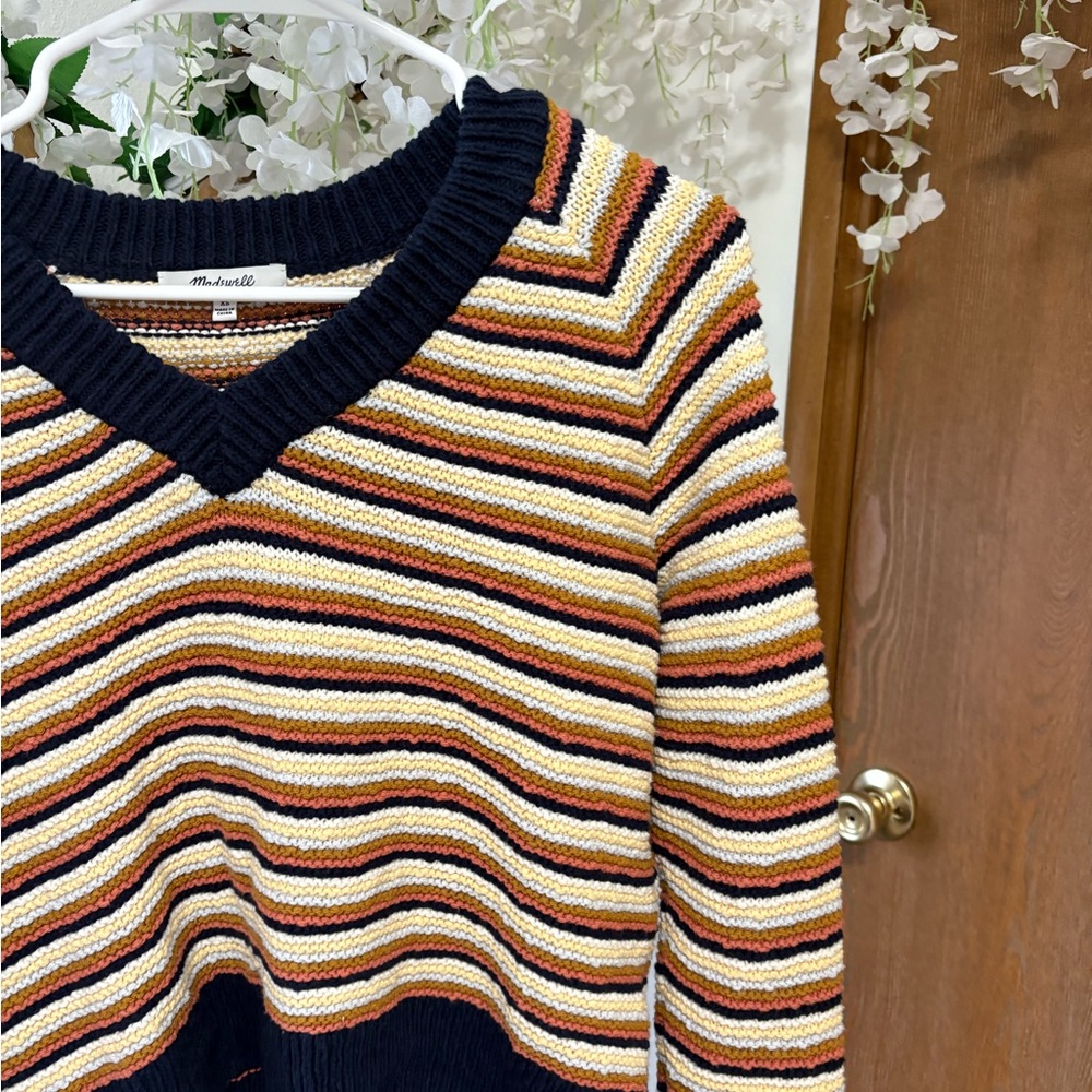 Madewell Arden V-Neck Striped Sweater - Navy, Cream, Brown - 100% Cotton - Picture 3 of 7